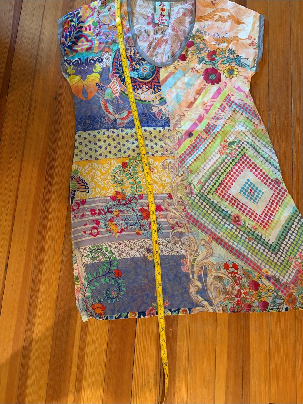 Johnny Was Multicolor Patchwork Mini Dress - Blue, Yellow, Green, Pink - Picture 4 of 8
